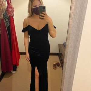 Blue Velvet Gown with Slit and Rhinestone Straps